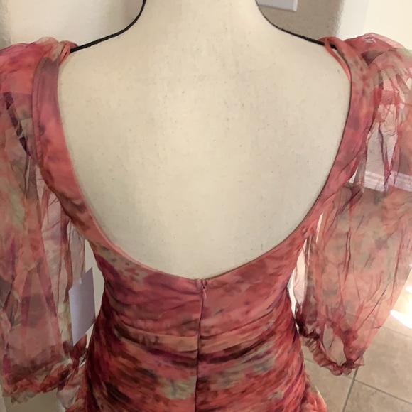 Multicolored pink floral graphic runched tulle bodycon mini dress - Picture 12 of 17